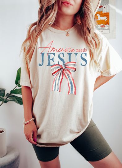 America Needs Jesus Coquette Bow Shirt, Christian Patriotic Shirt, 4th of July Woman Shirt, Independence Day Shirt