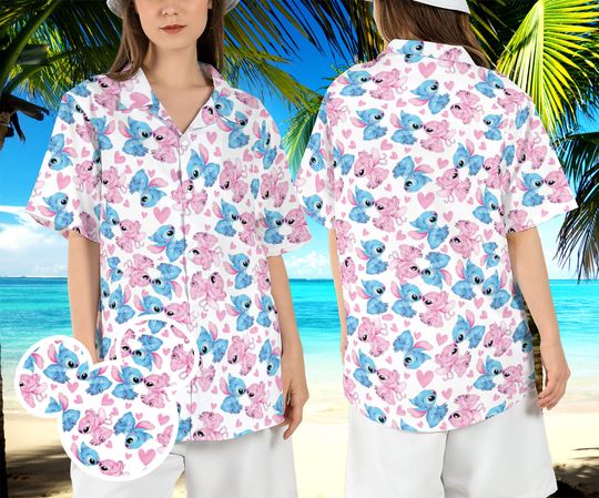 Stitch and Angel Hawaiian Shirt, Stitch Couple Beach Hawaii Shirt, Disneyland Love Aloha Shirt, Stitch and Lilo Summer Button Up Shirt