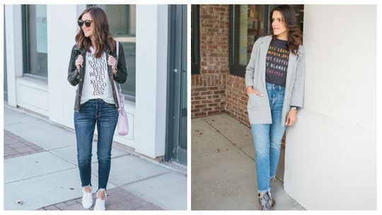 Wearing a graphic tee with jeans in winter