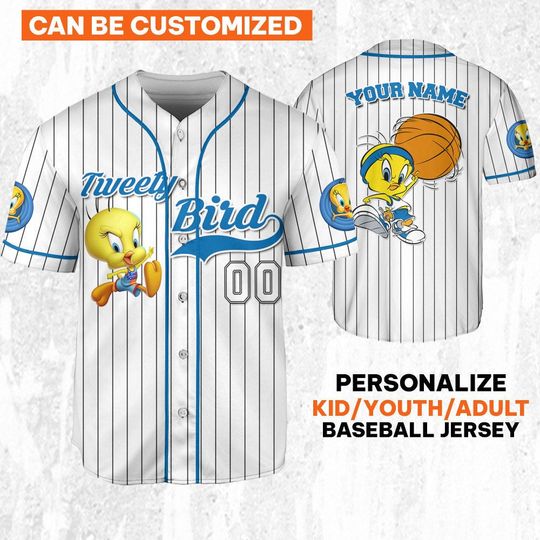 Personalize Tweety Bird Jersey Blue White, Baseball Team Outfit, Gift for Space Jamz Fans, Tune Squad Jersey, Looney Tunes Family Jersey