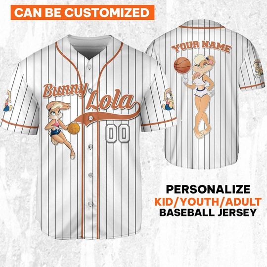 Personalize Bunny Lola Jersey orange White, Baseball Team Outfit, Gift for Space Jamz Fans, Tune Squad Jersey, Looney Tunes Family Jersey