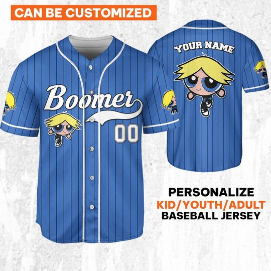 Personalize Boomer Jersey Blue White, Funny Powerpuff Girls 90s Cartoons, Retro Power Puff Girls Family Jersey, Birthday Gift For Fans
