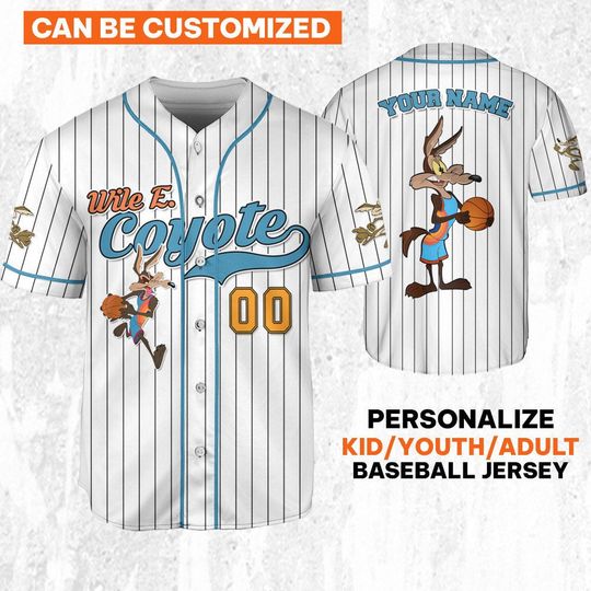 Personalize Wile E. Coyote Jersey Orange White, Baseball Team Outfit, Gift for Space Jamz Fans, Tune Squad, Looney Tunes Family Jersey