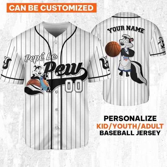 Personalize Pepe Le Pew Jersey Black White, Baseball Team Outfit, Gift for Space Jamz Fans, Tune Squad Jersey, Looney Tunes Family Jersey