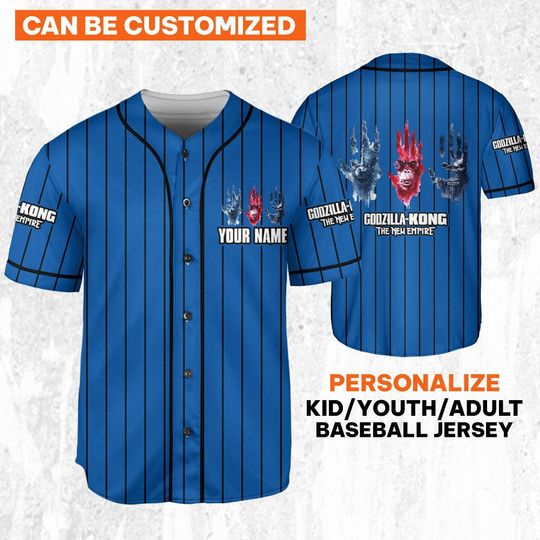 Personalize god zilla vs Kong The New Empire Blue Striped, Personalized Jersey For Fans, god zilla Vs King Kong Movie Baseball Jersey
