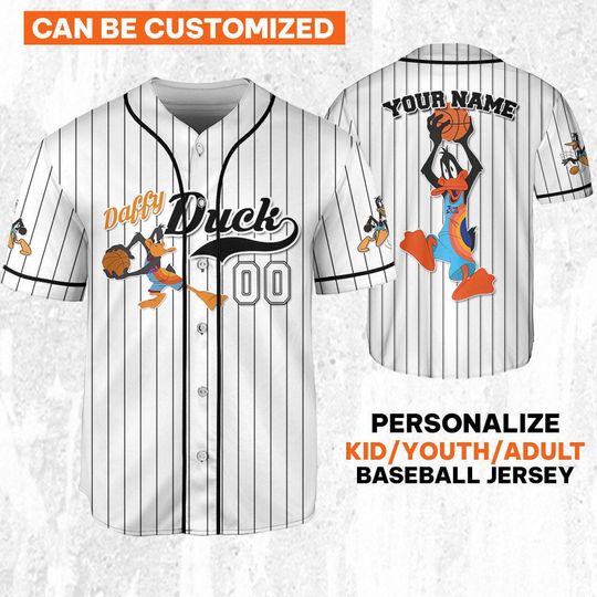 Personalize Daffy Duck Jersey Black White, Baseball Team Outfit, Gift for Space Jamz Fans, Tune Squad Jersey, Looney Tunes Family Jersey