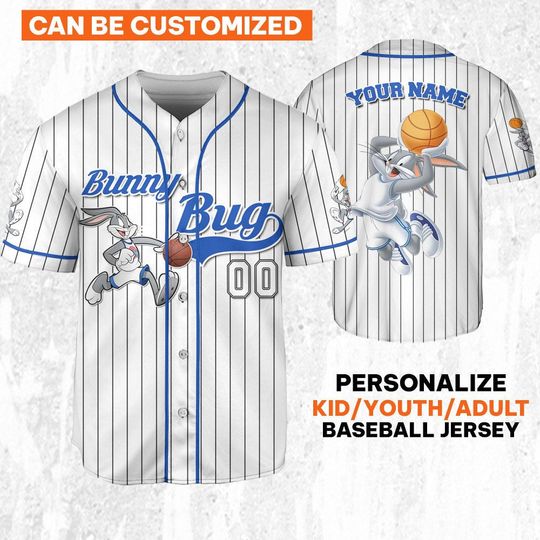Personalize Bunny Bug Jersey Blue White, Baseball Team Outfit, Gift for Space Jamz Fans, Tune Squad Jersey, Looney Tunes Family Jersey