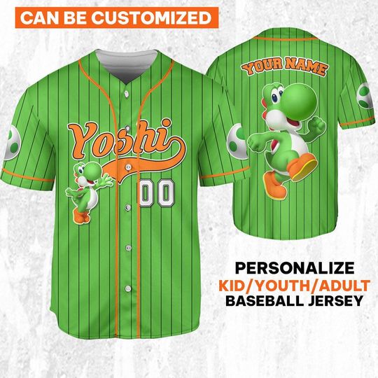 Personalize Yoshi Jersey Green Orange, Custom Super Mario Baseball Jersey, Family Uniform Movie Game Jersey, Gift For Fans