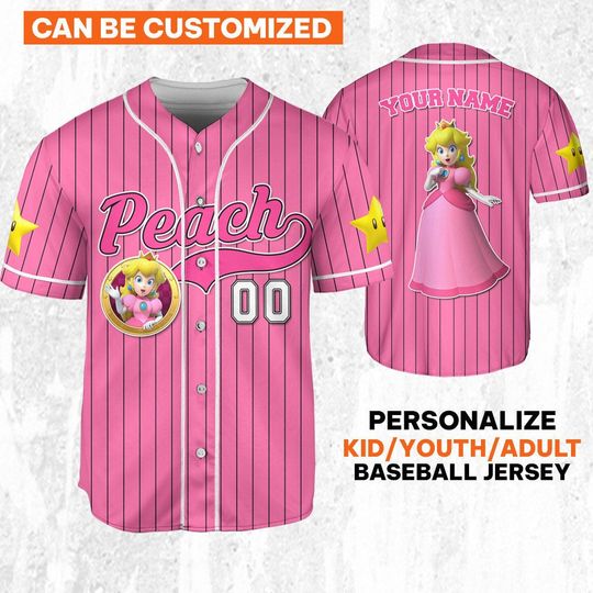 Personalize Peach Jersey Pink White, Custom Super Mario Baseball Jersey, Family Uniform Movie Game Jersey, Gift For Fans