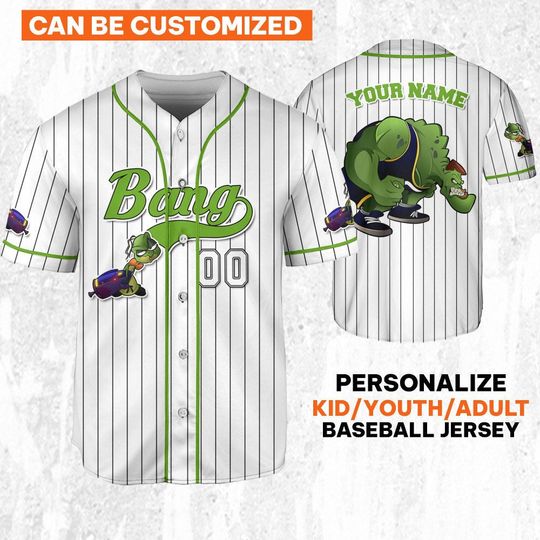 Personalize Bang Jersey Green White, Baseball Team Outfit, Gift for Space Jamz Fans, Tune Squad Jersey, Looney Tunes Family Jersey