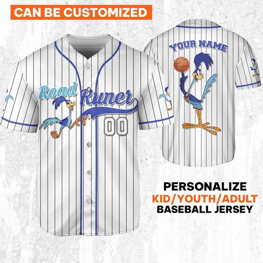 Personalize Road Runner Jersey Blue White, Baseball Team Outfit, Gift for Space Jamz Fans, Tune Squad Jersey, Looney Tunes Family Jersey