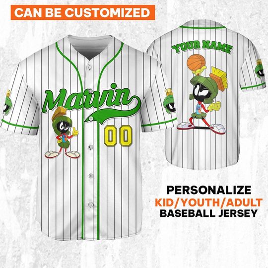 Personalize Marvin Jersey Green White, Baseball Team Outfit, Gift for Space Jamz Fans, Tune Squad Jersey, Looney Tunes Family Jersey