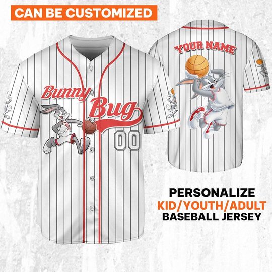 Personalize Bunny Bug Jersey Red White, Baseball Team Outfit, Gift for Space Jamz Fans, Tune Squad Jersey, Looney Tunes Family Jersey