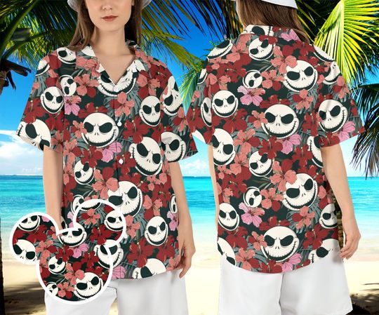 Jack Skellington Tropical Hawaiian Shirt, Nightmare Before Christmas Hibiscus Hawaii Shirt, Horror Aloha Shirt, Pumpkin King Button Shirt