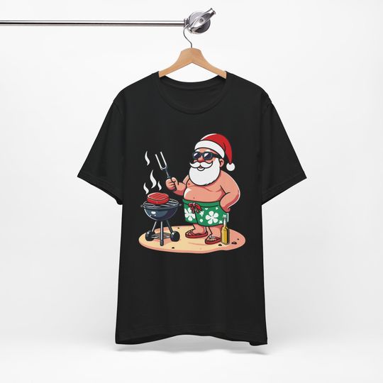 Christmas In July Funny Santa Cotton Shirt, Santa Grilling BBQ Shirt, Trendy Christmas In July Outfit 2024