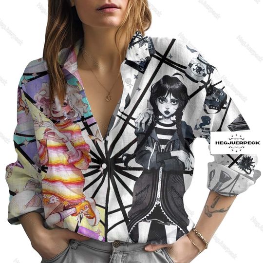 Wednesday Addams And Enid Women Blouses Shirt, Wednesday Addams Linen Blouse, The Addams Family Button Shirt, Gift For Friend, Gift For Her