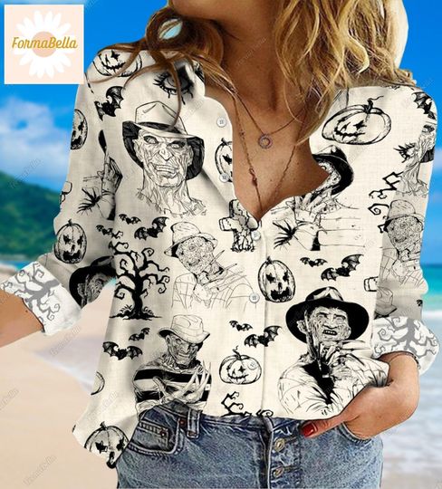 Freddy Krueger Women Blouses Shirt, Halloween Casual Shirt, Nightmare Elm Street Shirt, Horror Characters Shirt, Women Blouses, Button Up Shirt