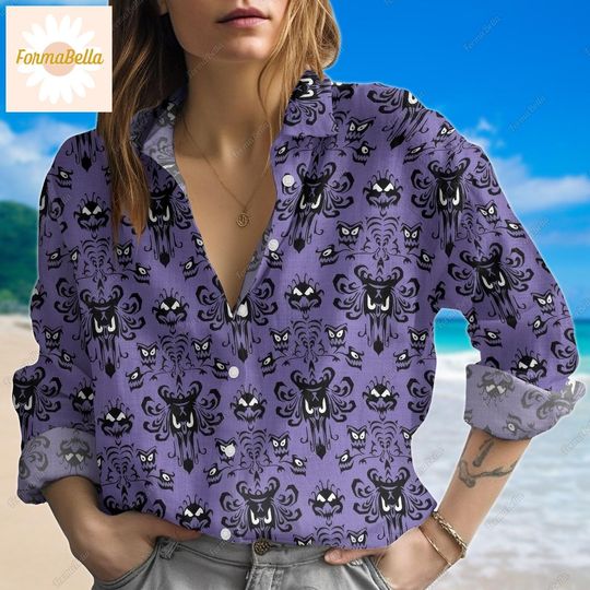Haunted Mansion Women Blouses Shirt, Haunted Mansion Casual Shirt, Halloween Linen Shirt, Blouse Women Shirt, Long Sleeve Shirt, Gift For Her