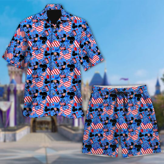 Mickey Mouse Fourth of July Hawaii Hawaiian Shirt and Shorts, Minnie Mouse 4th July Hawaiian