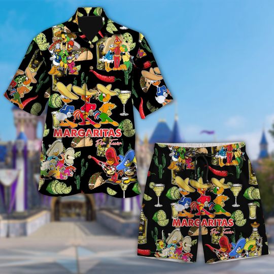 Three Caballeros Drinking Wine And Dance Hawaiian Shirt and Shorts, Donald Duck 3D Beach Holiday Birthday Gift