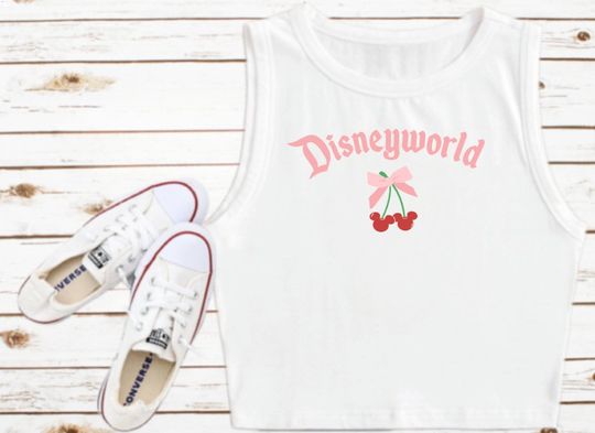 Coquette Pink Bow WDW Mickey Cherries Disney Crop Top | Disney Women's Crop Tank Top | Fashion Shirt | Y2K Style | Summer Streetwear