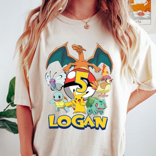 Custom PKM Birthday Shirt, Personalize Pika Birthday Shirt, Charizard Bulbasaur Squirtle Birthday Shirt