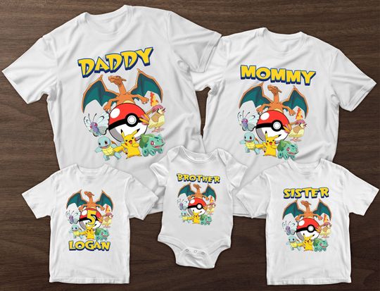 Custom PKM Birthday Shirt, Personalize Pika Birthday Shirt, Charizard Bulbasaur Squirtle Birthday Shirt