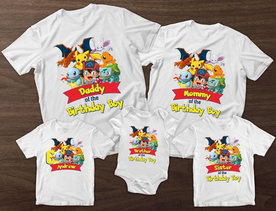 Custom PKM Birthday Shirt, Personalize Pika Birthday Shirt, Charizard Bulbasaur Squirtle Birthday Shirt