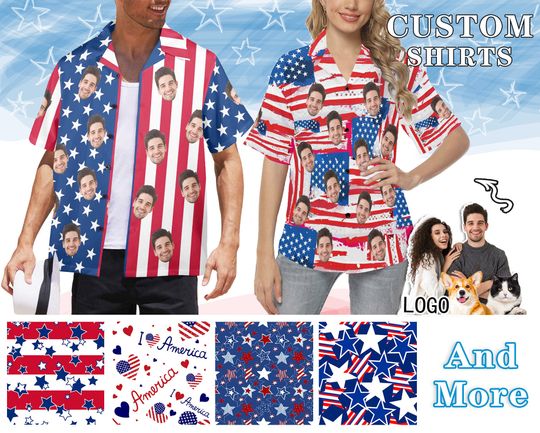 4th of july Hawaiian Shirt Custom American Flag Hawaii Shirt Custom Face Hawaii Shirt US Flag Shirt  for Men Independence Day Shirts for Him