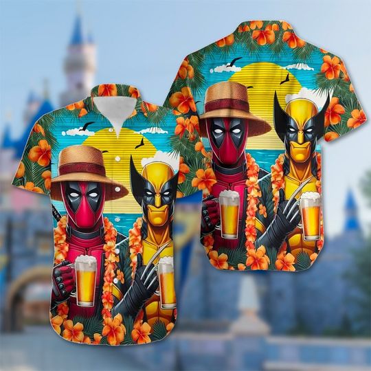 Deadpool And Wolverine Hawaiian Shirt, Deadpool Wolverine Hawaii Shirt, Aloha Summer Trip All Over Print Button Up, Summer Gift For Friend