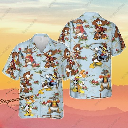 Donald Duck Hawaiian Shirt, Donald Duck Cowboy Shirt, Disney Duck Hawaii Shirt, Summer Beach Shirt, Button Up Shirt, Hawaiian Shirt Men