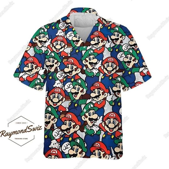 Mario Hawaiian Shirt, Mario And Luigi Shirt, Short Sleeve Shirt, Button Up Shirt, Mario Gaming Shirt, Super Mario Shirt, Shirt For Men