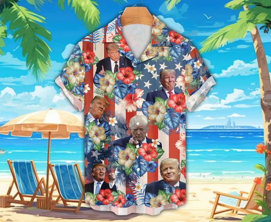 Funny Trump Face Hawaiian Shirt, Beach Vacation USA Flag Political Shirt, Tropical Hibiscus 4th Of July Election Hawaiian Gift For American