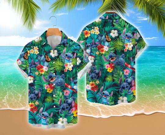 Disneyland Beach Shirt, Disney Stitch Family Summer Vacation Matching Shirt, Tropical Pattern Stitch Beach Outfit For Disneyy Stitch Lover
