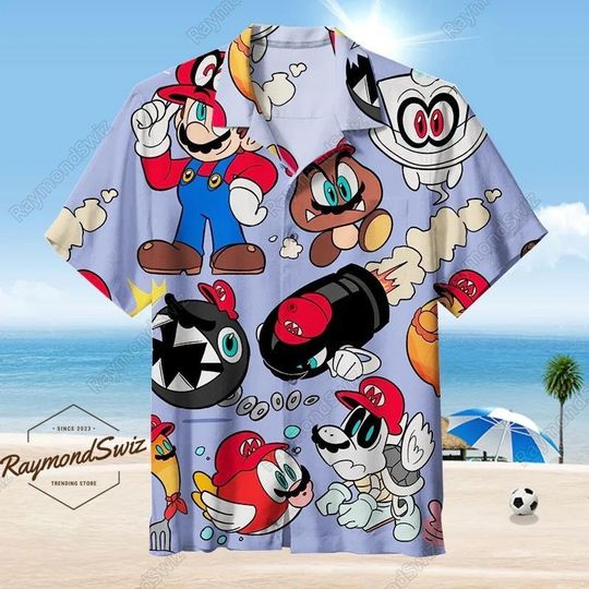 Mario Hawaiian Shirt, Super Mario Button Shirt, Super Mario Hawaii Shirt, Mario Gaming Shirt, Video Game Beach Shirt, Aloha Shirts Men