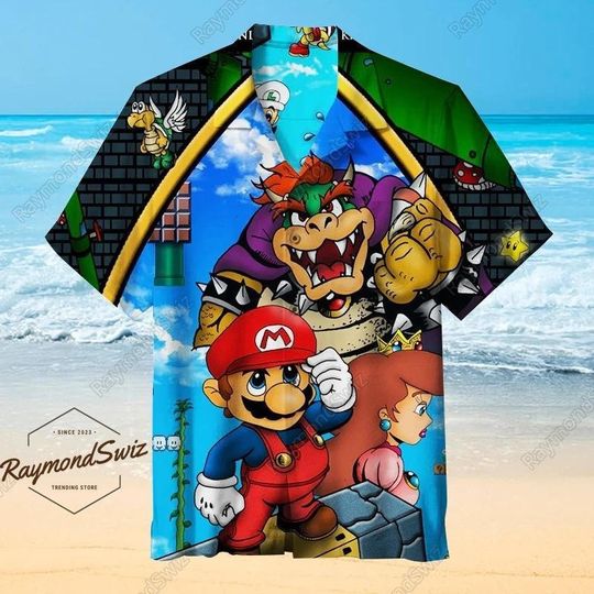 Mario Hawaiian Shirt, Super Mario Button Shirt, Bowser Hawaii Shirt, Super Mario Gaming Shirt, Video Game Beach Shirt, Summer Shirt