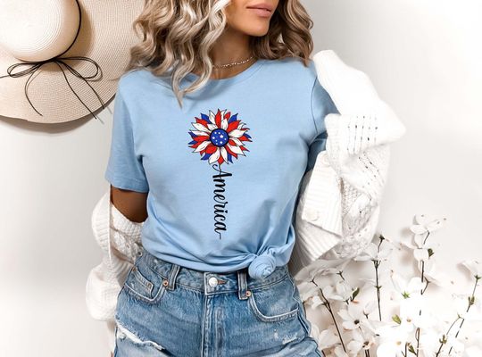Discover America Sunflower Shirt, USA Flag Flower T Shirt, Gift For American, 4th Of July Flag Graphic T-Shirt, Freedom TShirt, Independence Shirt