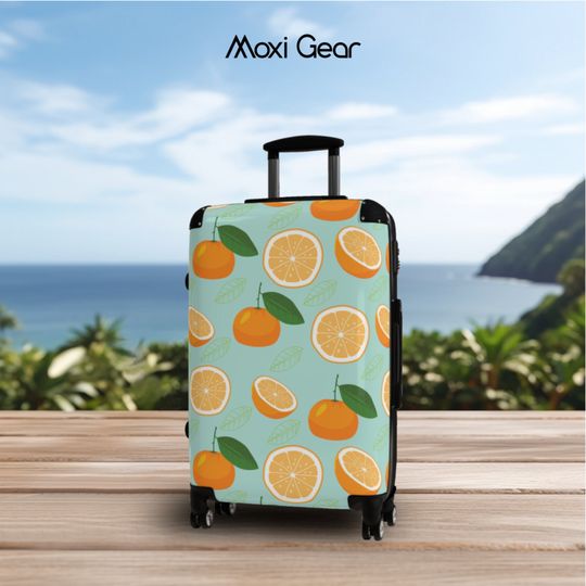 Hard Side Spinner Luggage with Built-In TSA Lock | Rolling Carry-on Hand Baggage or Checked | Mint Green, Orange, Tangerine Fruit Art Print