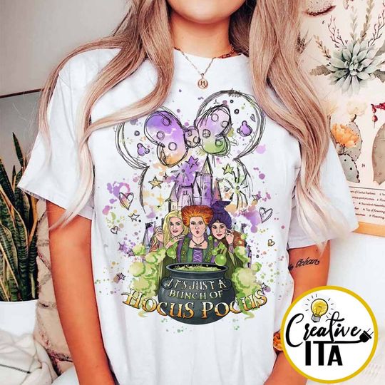 Watercolor Disney castle Hocus Pocus shirt, It's just a bunch of Hocus Pocus Sanderson Sister shirt, Disney witch shirt, Bestie Disney shirt