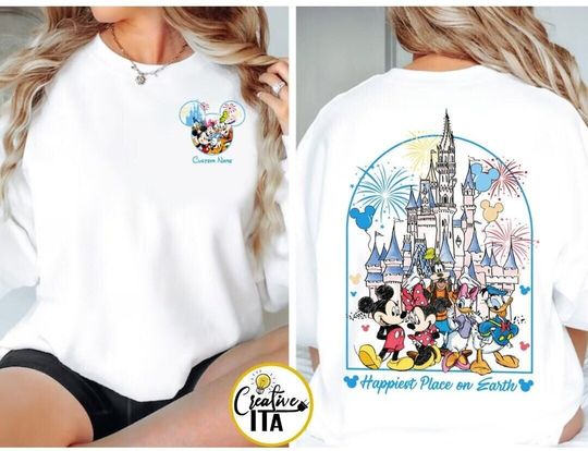 Two-sided Mickey and Friends Disney Castle Happiest Place on Earth Shirt, WDW Disneyland Girl Trip Tee, Family Vacation 2024, Magic Kingdom