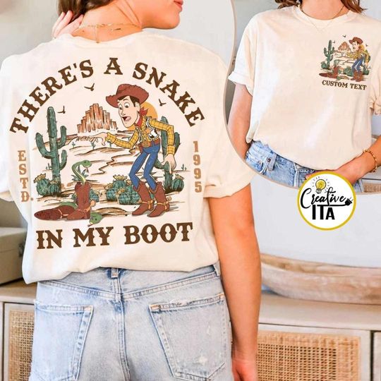 Two-sided There's A Snake In My Boot Disney Pixar Toy Story Woody Cowboy Shirt, WDW Disneyland Family Vacation 2024, Disney Western Cowboy