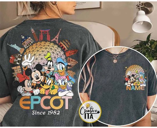 Two-sided Personalized Mickey & friends Epcot shirt, Vintage Retro Epcot world tour 1982 shirt, Family matching shirts, WDW trip Tee