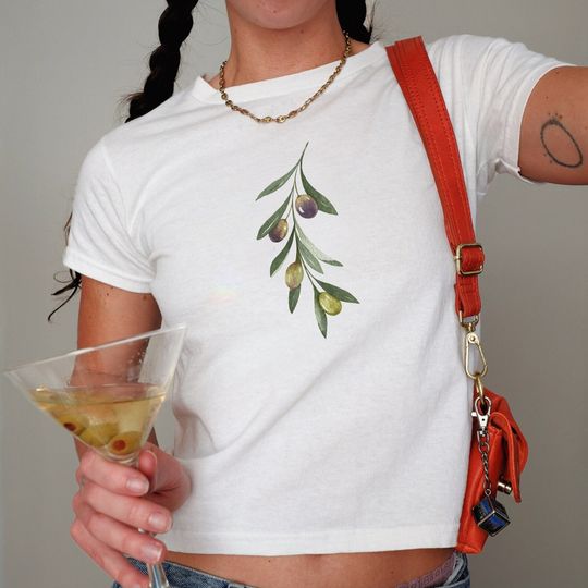 Painted Olives Baby Tee, Italian Summer Olive Branch Olive Martini Womens Tshirt, Coastal Granddaughter Watercolor Olive Top Y2K Baby
