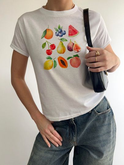 Fruit Baby tee, Orange cherries 90s tee, Womens fruit tshirt, Papaya Summer vibes, watermelon blueberries tshirt