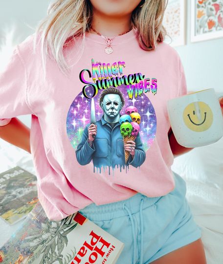 Horror Movie Killer Summer Vibes Cotton Shirt, Comfortable Short Sleeve Sports Tee for Men, Women, Kids