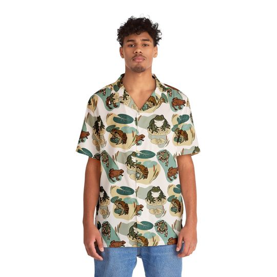 Frog Lover Collared Button Down Short Sleeve Art Hawaiian Shirt For Unisex, Trending Casual Fashion