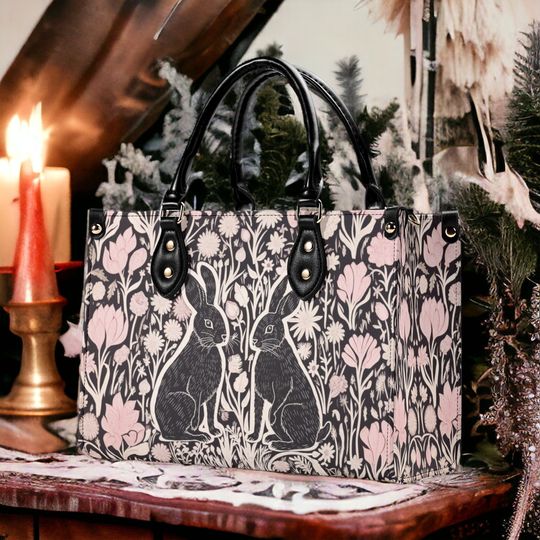 Dark Academia Floral Rabbit Lino Leather Bags, Retro Cottagecore Shoulder Bag