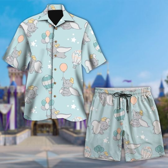 Dumbo With Balloon Hawaii Shirt And Short, Dumbo Button Up Shirt Holiday, Cartoon Movie Hawaiian Shirt, Magic World 3D All Over Print Shirt