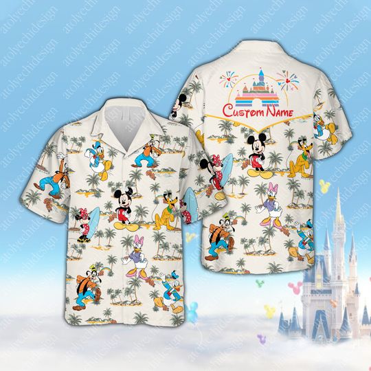 Personalized Disneyy Mickey Hawaiian Shirt, Custom Name Mickey And Friends Button Down Shirt, Tropical Summer Magical Kingdom Shirt