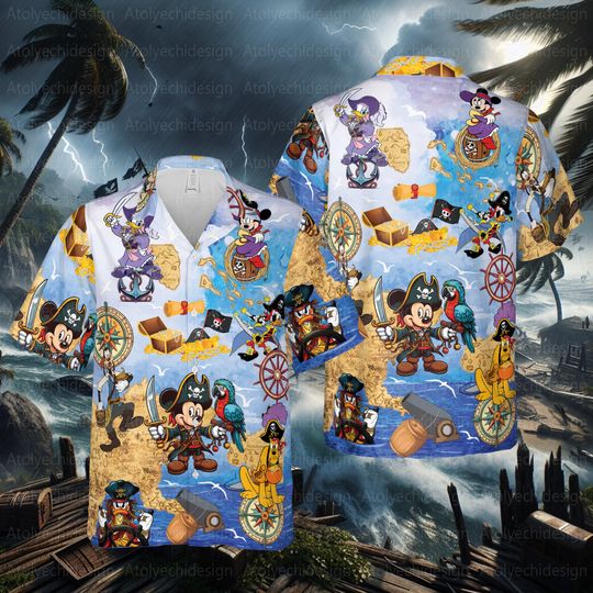 Disneyy Hawaiian Shirt, Mickey Pirate Treasure Map Summer Party Button Down Shirt, Magical Kingdom Summer Shirt, Mickey And Friends Hawaiian